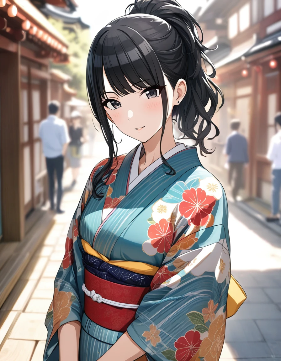 (masterpiece),(Highest quality),(Very detailed),(Best illustrations),(Best Shadow),(disorganized),(Detailed Background),(so beautiful), 
Official Style,

Hiori Kazano, ponytail, black hair, black eyes,
The Idolmaster Shiny Colors,

kimono,
Japan,
Kyoto,
blush,
Background Blur, 
focus on face,
Close-up, 
realistic skin,