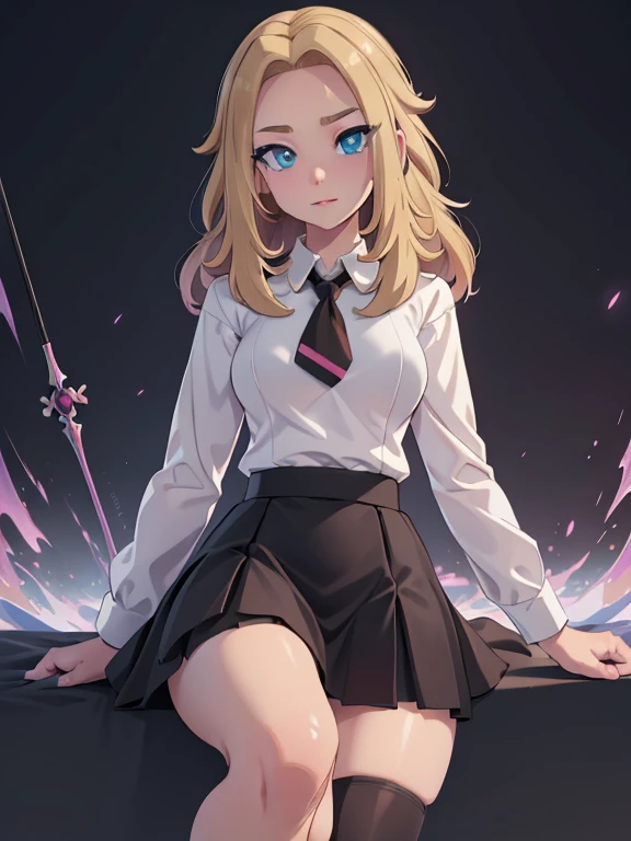 (masterpiece:1.2), best quality, high resolution, unity 8k wallpaper, (illustration:0.8), (beautiful detailed eyes:1.6), extremely detailed face, perfect lighting, extremely detailed CG, (perfect hands, perfect anatomy), a Lass from Pokemon Sword and Shield, blonde hair, blue eyes, (Wearing: Magenta school uniform, white undershirt, short black skirt, black tights and black shoes)
