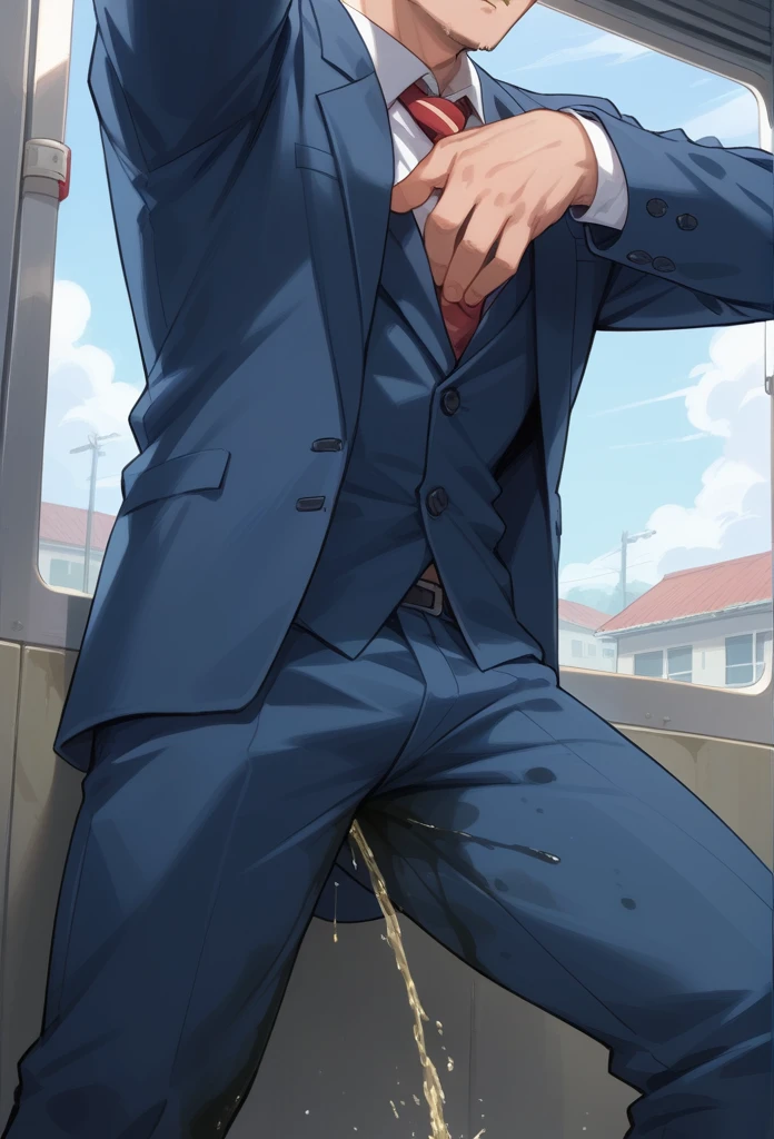 20 years old slender and mascular man, wearing blue suit. He is peeing himself in the train. He couldn't hold his pee. There is a large pee wet spot on his crotch. Pee stain on his pants. Pee wet spot on his crotch. He is ashamed of peeing himself. he is perplexed by the situation 