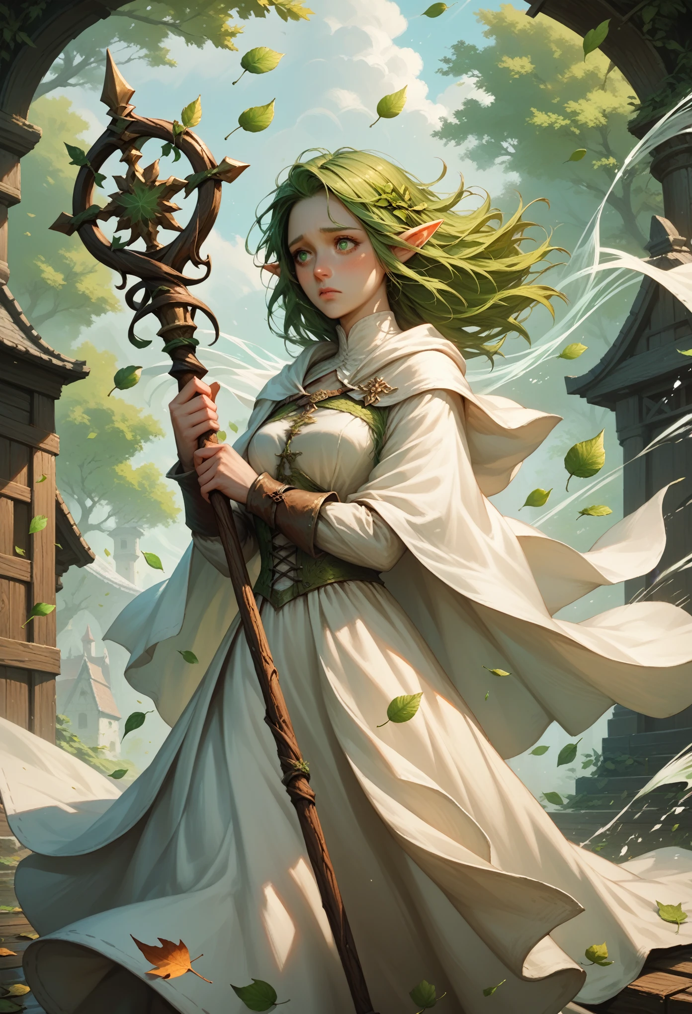 score_9, score_8_up, score_7_up, score_6_up, score_5_up, score_4_up, sfw, 1female, elf, (shy, clumsy), green eyes, green hair, holding a wooden staff, white dress, white cloak, intricate details, (murmuring leaves), (wind:1.2), (medieval fantasy), (RPG, healer class), runic temple background, ivy covering buildings, (splash_art), character desing