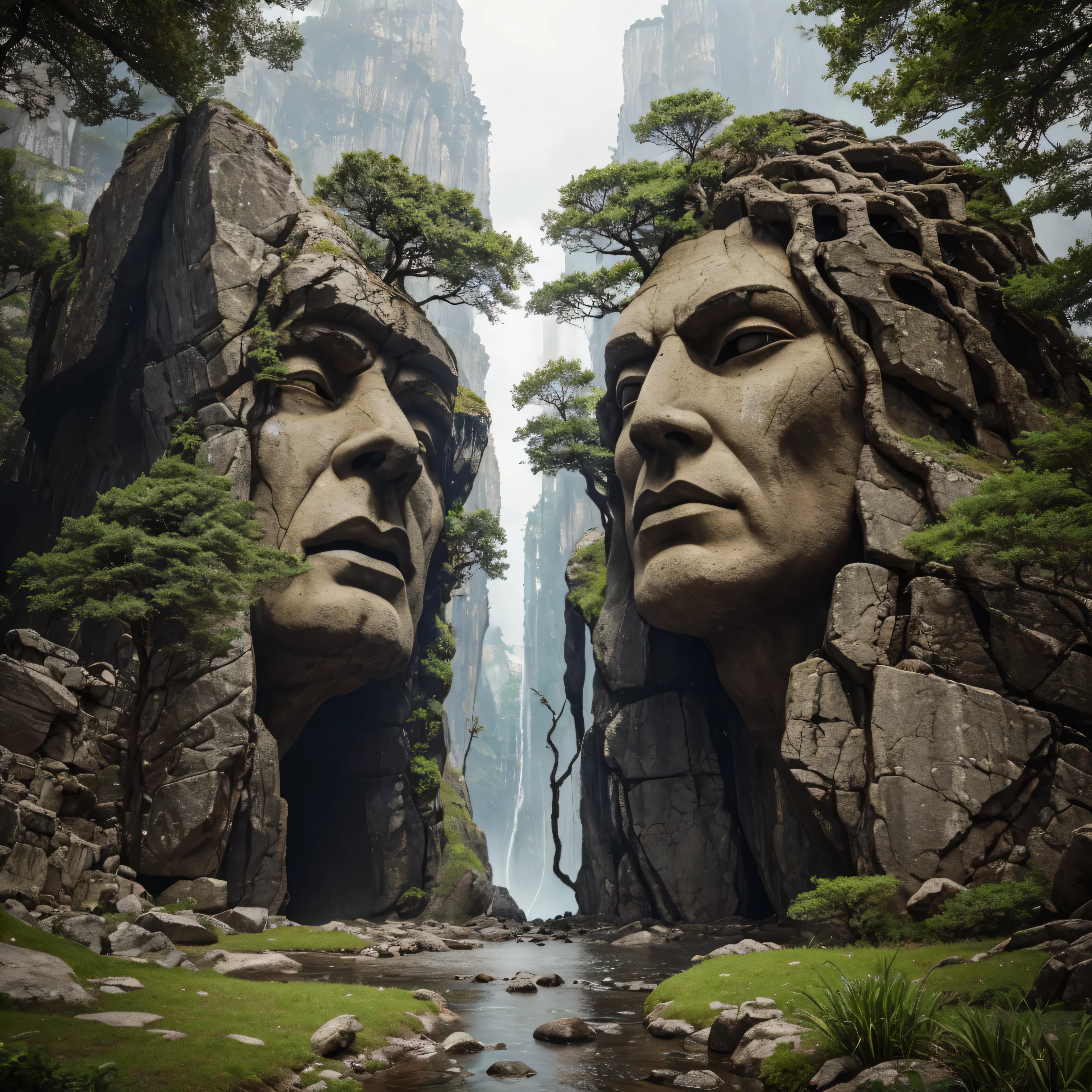 "Masterpiece, best quality, highly detailed, an enormous mountain with two human-like faces carved into its rocky surface. The faces are androgynous and represent timeless guardians of the natural world. These faces are seamlessly integrated into the mountain with stone, earth, and vegetation forming their features. Waterfalls flow gently from their eye sockets, mimicking tears, blending harmoniously with the rock and surrounding nature. Cracks, tree roots, and foliage weave through their expressions, creating a mystical bond with the environment. Majestic and serene, the faces evoke a sense of ancient wisdom, deeply connected to the landscape they emerge from. Negative prompt: (weapons, modern structures, artificial lighting, pollution, dark or aggressive elements, futuristic objects, humanoid figures other than the faces, destruction, warfare, fantasy creatures, unnatural elements, overly symmetrical or exaggerated expressions).