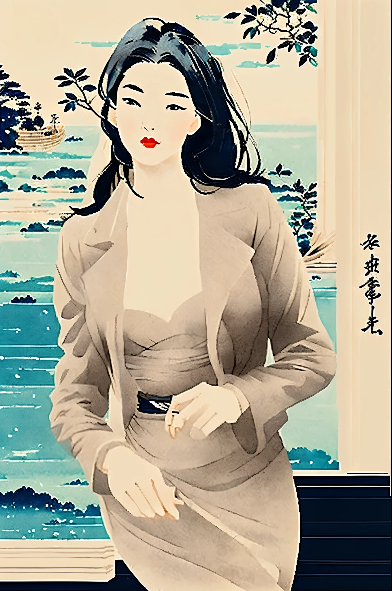 masterpiece, best quality, ukiyo-e:1.2, in hokusai style, a beautiful 20s russian model, ultra detailed face
