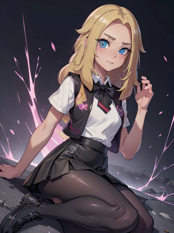 (masterpiece:1.2), best quality, high resolution, unity 8k wallpaper, (illustration:0.8), (beautiful detailed eyes:1.6), extremely detailed face, perfect lighting, extremely detailed CG, (perfect hands, perfect anatomy), a Lass from Pokemon Sword and Shield, blonde hair, blue eyes, (Wearing: A school uniform, opened magenta vest, white undershirt, short black skirt, black shiny leggings and black shoes)