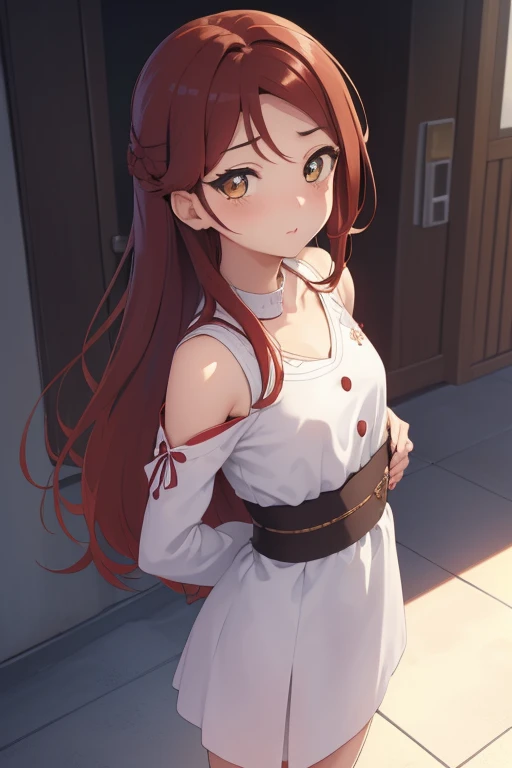 【Rico Sakurauchi, Riko Sakurauchi, (Brown eyes:1.5), Eyes between the hair, Long Hair, (Red Hair:1.5), (Small breasts:1.2), 桜色の下着
break looking at viewer, standing,(From below:1.2), (Lean forward:1.2), (Place your arms behind your back:1.2),
break (masterpiece:1.2), Best Quality, High resolution, unity 8k wallpaper, nsfw,(Illustration:0.8), (Beautiful detailed eyes:1.6), Highly detailed face, perfect lighting, Highly detailed CG, (Perfect hands, Perfect Anatomy),