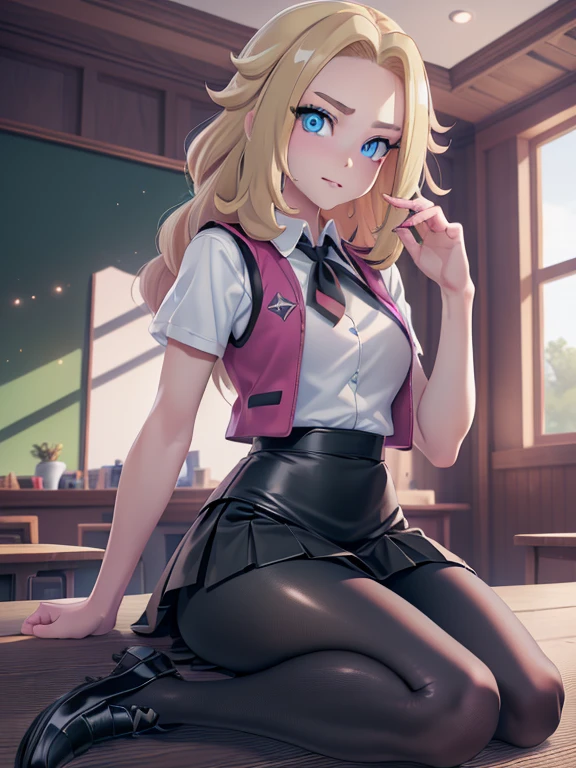 (masterpiece:1.2), best quality, high resolution, unity 8k wallpaper, (illustration:0.8), (beautiful detailed eyes:1.6), extremely detailed face, perfect lighting, extremely detailed CG, (perfect hands, perfect anatomy), a Lass from Pokemon Sword and Shield, blonde hair, blue eyes, (Wearing: A school uniform, opened magenta vest, white undershirt, short black skirt, black shiny leggings and black shoes)