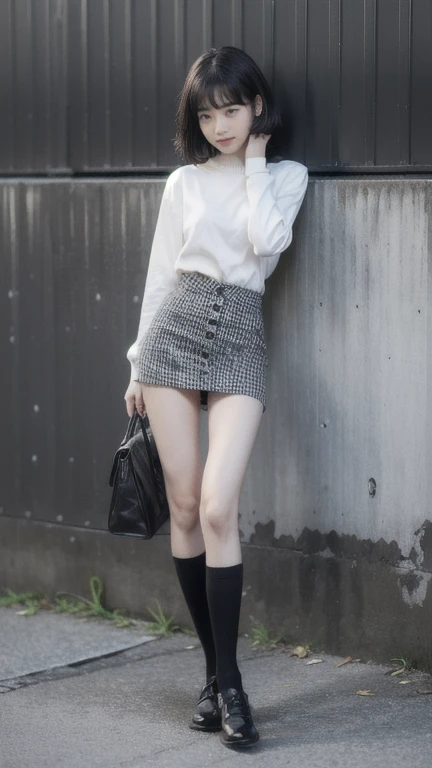 (Clothing:2.0, uniform:2.0, Checked mini skirt:1.8, Knee-high socks:1.5, :1.5), (Wet:1.5), ((Grin:1.2, Bobcut:1.2, slender:1.5, Small Ass:1.5)), ((Japanese, 1 girl, 1, 7 heads, Ideal physique, Black Hair, With bangs, Small breasts, Erect nipples, slender, Small Ass, Beautiful legs, Thin legs)), Surrealism, Cinematic Lighting, Written boundary depth, debtirst Person View,  debt/1.8, 135mm, Ticker, masterpiece, Curation, ((Anatomically correct:1.3)), Textured skin, Super detailed, high detail, High image quality, Awards, Best Quality, High resolution, 8k