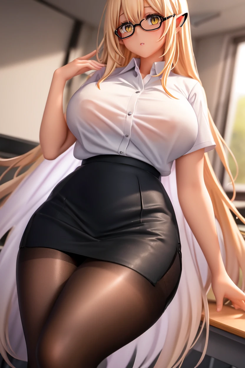 (highest quality: 1.2, Highly detailed, Latest, Vibrant, Super detail, Ultra-high resolution, High contrast, masterpiece: 1.2, highest quality, Best aesthetics, aya:0.9), alone, (1 woman), /( teacher/ ), (teacher), long hair, blonde hair, (red eyes: 1.3), long hair with brown highlights, thighs,  black skirt,white shirt,sexy, cleavage, painted nails,thighs with tights, glasses, classroom, shake hands welcome, pink lips, heels, sexy thigh, detailed leg, dynamic angle, random pause, highly detailed face and skin texture, cowboy shot,marin kitagawa,look from below,thongs,pantyhose,seductive smile,one leg stand on chair, smiling , one leg up,red nails, large breasts , pantyhose, high res , high quality 