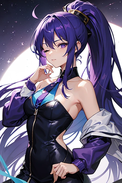 A portrait of a mature woman with very long PURPLE wavy hair and drill curls, side-swept bangs, blue eyes, ligh tanned skin, confident smile, wearing a black party dress, inside of a nightclub in the city, nighttime.