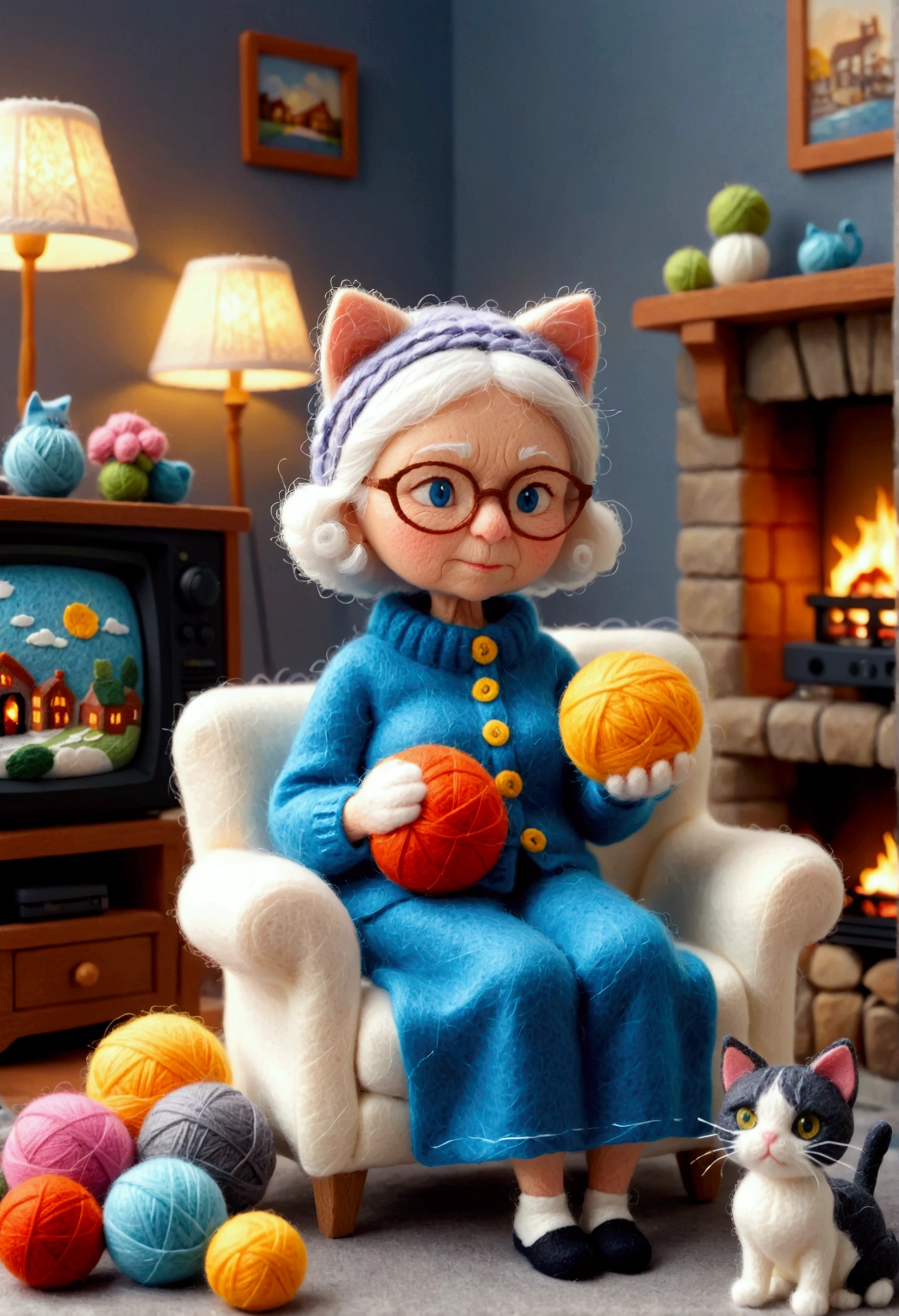 A small and cute 3D felt fiber made granny, Sitting on the sofa in the living room, knitting a sweater, a ball of yarn, a cat, a fireplace, and a TV. lighting