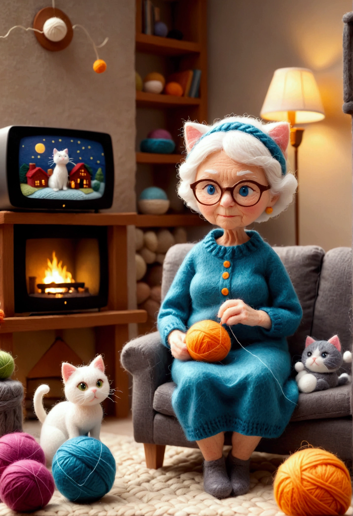 A small and cute 3D felt fiber made granny, Sitting on the sofa in the living room, knitting a sweater, a ball of yarn, a cat, a fireplace, and a TV. lighting