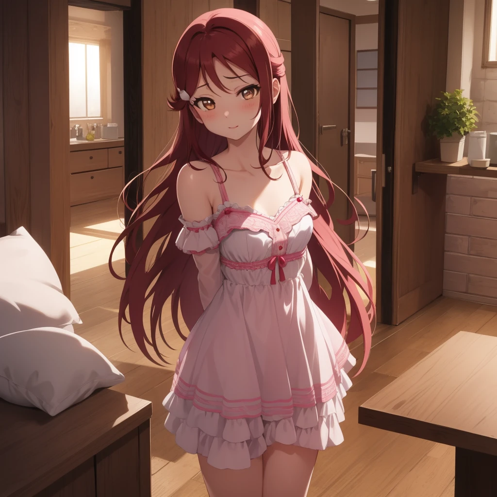 riko sakurauchi, brown eyes, eyes between hair, long hair, red hair, small breasts, pink lingerie, looking at viewer, standing, from below, leaning forward, arms behind back, masterpiece, best quality, high resolution, unity 8k wallpaper, nsfw, illustration, beautiful detailed eyes, extremely detailed face, perfect lighting, highly detailed cg, perfect hands, perfect anatomy