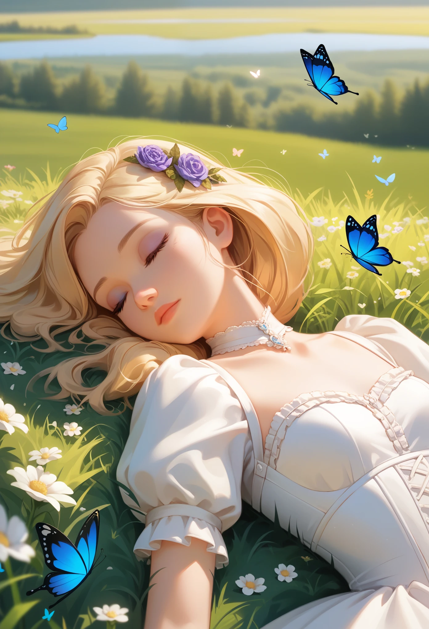 score_9,score_8_up,score_7_up,source_anime,masterpiece,best quality,absurdres,highres,very aesthetic,ray_tracing,from_side,close-up,
1girl,cute_face,thin,petite,Girlish body type,poor_stature,small_breasts,
victorian dress,girl sleeping on a meadow full of flowers,closed eyes,sinozick,bright flat colors,lake,grass,flowers,butterflies,lying in tall grass,lying on back,from_side,