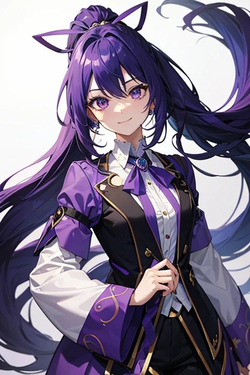 Shinobu Kochō from Demon Slayer, 30-year-old woman with medical uniform, long black and purple hair, doctor's clothing, white coat, green blouse, white pants, looking straight at the viewer, white background