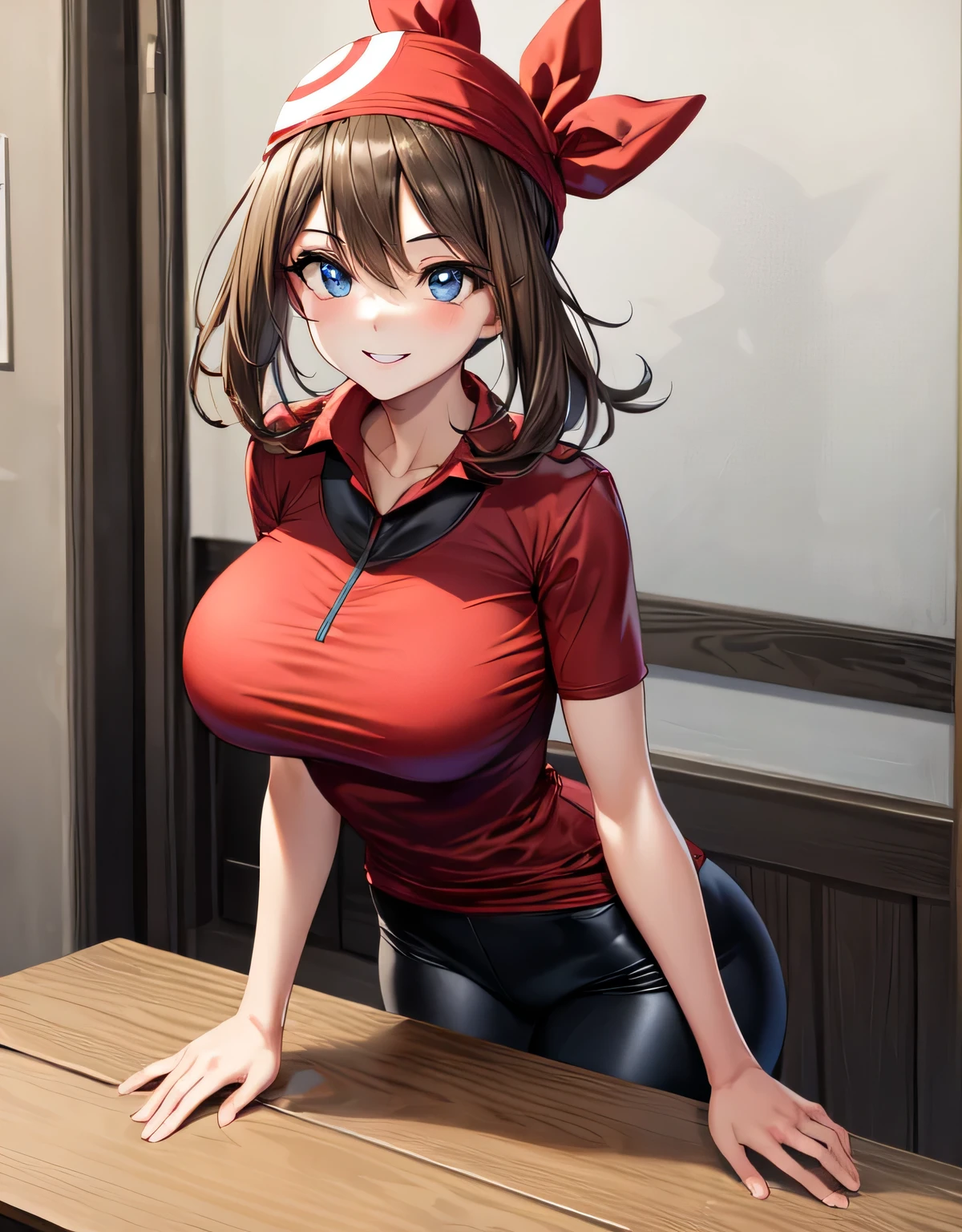 smile,may pokemon,brown hair,medium hair,blue eyes,smiling,red bandana,red shirt,collared shirt,short sleeves,bike shorts,bodysuit, chunky sneakers,(large breasts:1.55),(shiny hair),((solo)),((masterpiece)),((best quality)),perfect anatomy,slim waist,perfect image,8k UHD,(beautiful detailed eyes:1.5),extremely detailed face,standing,(upper body:1.2),(look at the front:1.5),ultra-detailed,absurdres,ultra-highres,arms behind back,indoor room,