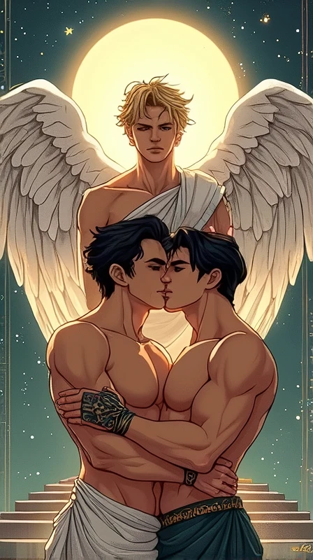 there are two men that are kissing in front of a moon, cinematic film still, shutterstock, film grain, ultra-photorealistic, eros and thanatos, muscular men romantically together, two muscular men embracing in each other arms, muscular male incubus with dark red horns, celestial god-like male angel with breathtaking angel wings, beautiful contrasting, intricate details, good and evil, demon versus angel, good and evil, romance novel cover, homoerotic, gay love, dark romantic fantasy, twilight atmospheric glow