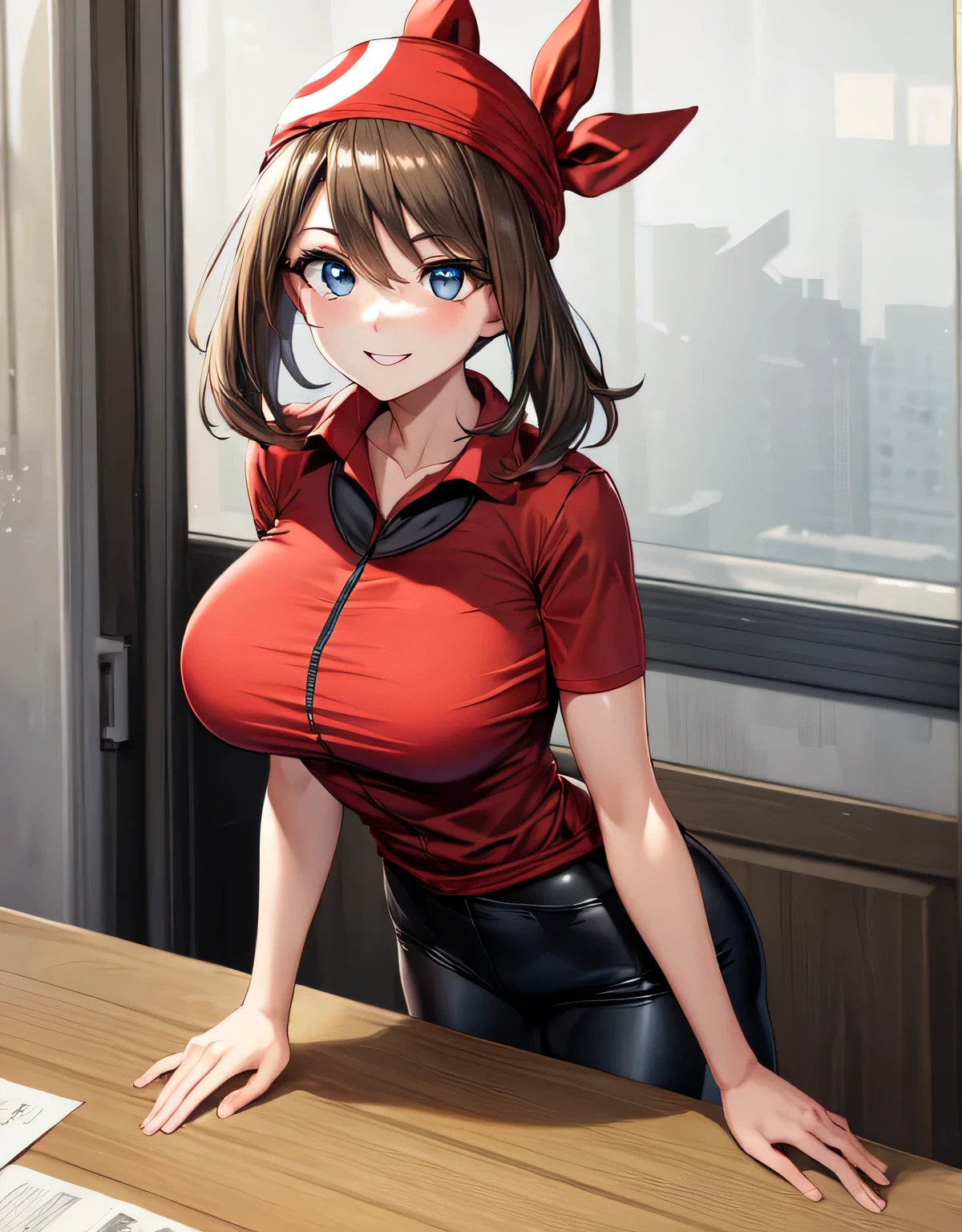 smile,may pokemon,brown hair,medium hair,blue eyes,smiling,red bandana,red shirt,collared shirt,short sleeves,bike shorts,bodysuit, chunky sneakers,(large breasts:1.55),(shiny hair),((solo)),((masterpiece)),((best quality)),perfect anatomy,slim waist,perfect image,8k UHD,(beautiful detailed eyes:1.5),extremely detailed face,standing,(upper body:1.2),(look at the front:1.5),ultra-detailed,absurdres,ultra-highres,arms behind back,indoor room,