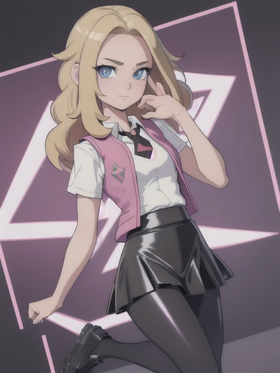 (masterpiece:1.2), best quality, high resolution, unity 8k wallpaper, (illustration:0.8), (beautiful detailed eyes:1.6), extremely detailed face, perfect lighting, extremely detailed CG, (perfect hands, perfect anatomy), a Lass from Pokemon Sword and Shield, blonde hair, blue eyes, (Wearing: A school uniform, opened magenta vest, white undershirt, short black skirt, black shiny leggings and black shoes)