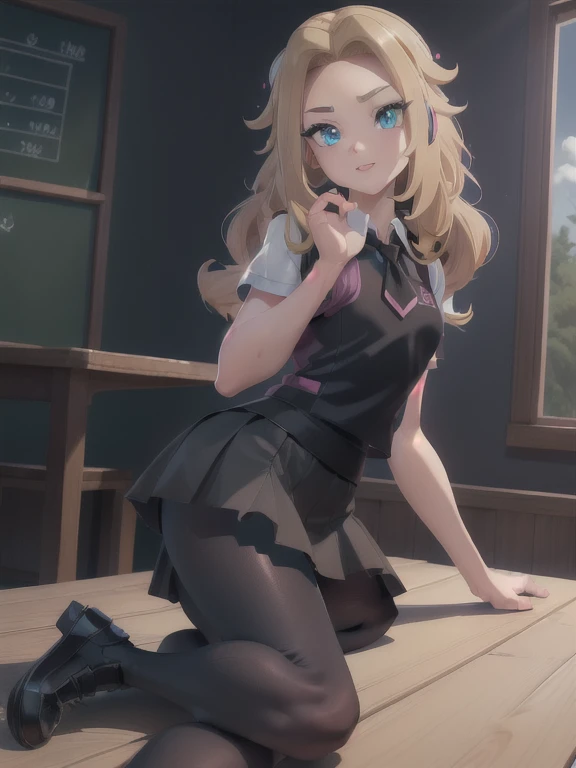 
(masterpiece:1.2), best quality, high resolution, unity 8k wallpaper, (illustration:0.8), (beautiful detailed eyes:1.6), extremely detailed face, perfect lighting, extremely detailed CG, (perfect hands, perfect anatomy), a Lass from Pokemon Sword and Shield, blonde hair, blue eyes, (Wearing: A school uniform, opened magenta vest, white undershirt, short black skirt, black shiny leggings and black shoes)