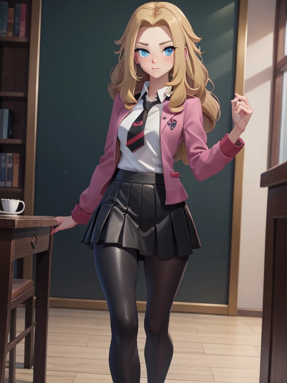 (masterpiece:1.2), best quality, high resolution, unity 8k wallpaper, (illustration:0.8), (beautiful detailed eyes:1.6), extremely detailed face, perfect lighting, extremely detailed CG, (perfect hands, perfect anatomy), a Lass from Pokemon Sword and Shield, blonde hair, blue eyes, (Wearing: A school uniform, opened magenta jacket, white undershirt, magenta tie, short black skirt, black shiny leggings and black shoes)