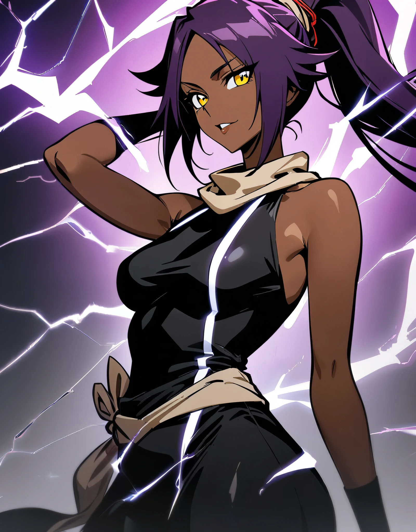 1girl, shihouin yoruichi, bleach, purple hair ,perfect yellow eyes, dark skin, noir style portrait,masterpiece, best, quality, absurdres, electric light All over her body, lightening ,  Cowboy Shot,