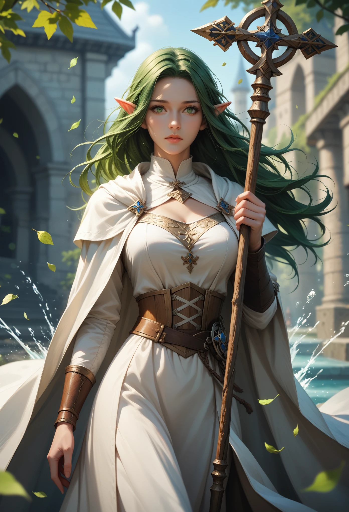 score_9, score_8_up, score_7_up, (masterpiece, UHD, 8K, 16K, ultra detailed), sfw, upperbody shot, 1female, elf, (shy, clumsy), green eyes, long hair, green hair, holding a wooden staff, white dress, white cloak, intricate details, (murmuring leaves), (wind:1.2), (medieval fantasy), (RPG, healer class), runic temple background, ivy covering buildings, (splash art), amazing character desing, (depth of field), bokeh, diffused light, dramatic ambient 