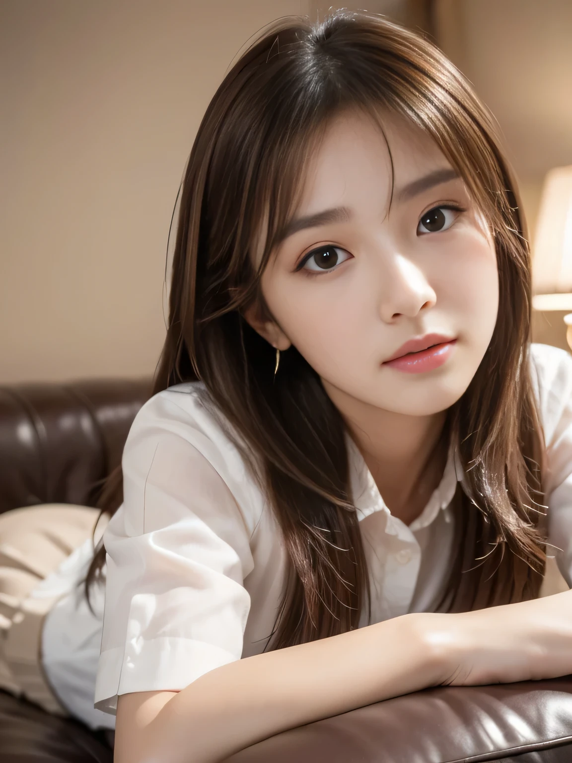Low - Angle:2.5、T-shirt、long hair、soft face、black hair、8K resolution、surreal、super fine、 ((highest resolution、8K、masterpiece:1.3))、double eyelid、front:1.0、whole body:1.2、cute