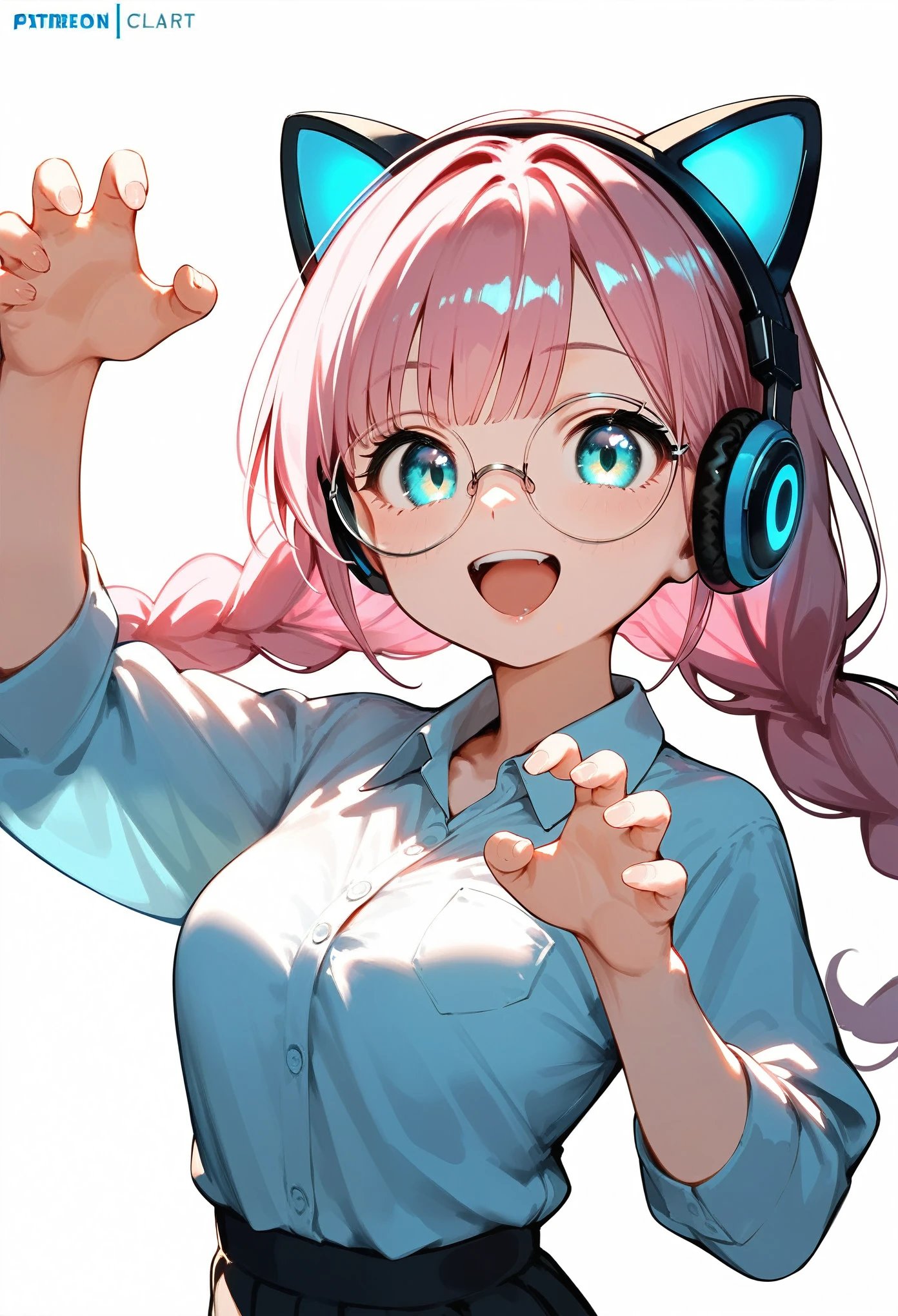  (best quality:1.2), (ultra-detailed:1.2), (2.5D:1.2), (Anime Moe Art Style), 1girl , pink hair,  Cyan eyes, gradient eyes, twin braids, blue Glowing cat ear headphones, black round glasses, collared shirt, smile beam, open mouth, (claw pose),(dynamic pose), cinematic angle, white background,