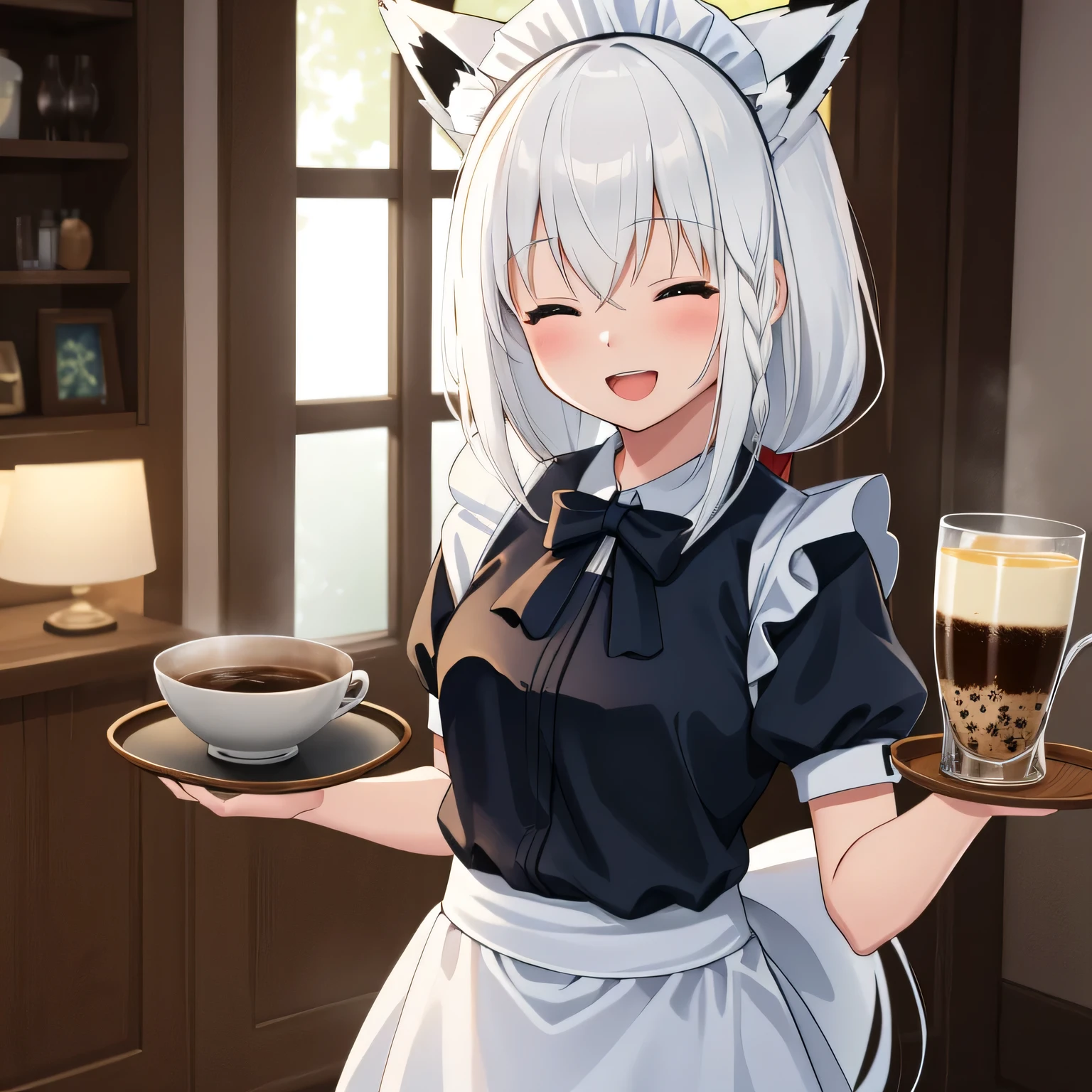 masterpiece, best quality, 1girl, solo, smiling, shirakami fubuki, long hair, fox ears, hair between eyes, close up view, ornament, smiling, open mouth, closed eyes, happy, holding round tray, ((sexy maid outfit)), cofee shop, cafe, indoors, extremely detailed 8K, smooth, high resolution, ultra quality, cinematic lighting, ambient occlusion, hd, 2k, 4k, 8k, 16k, extremely detailed anime, detailed faces, perfect composition, wide shot, atmospheric lighting,