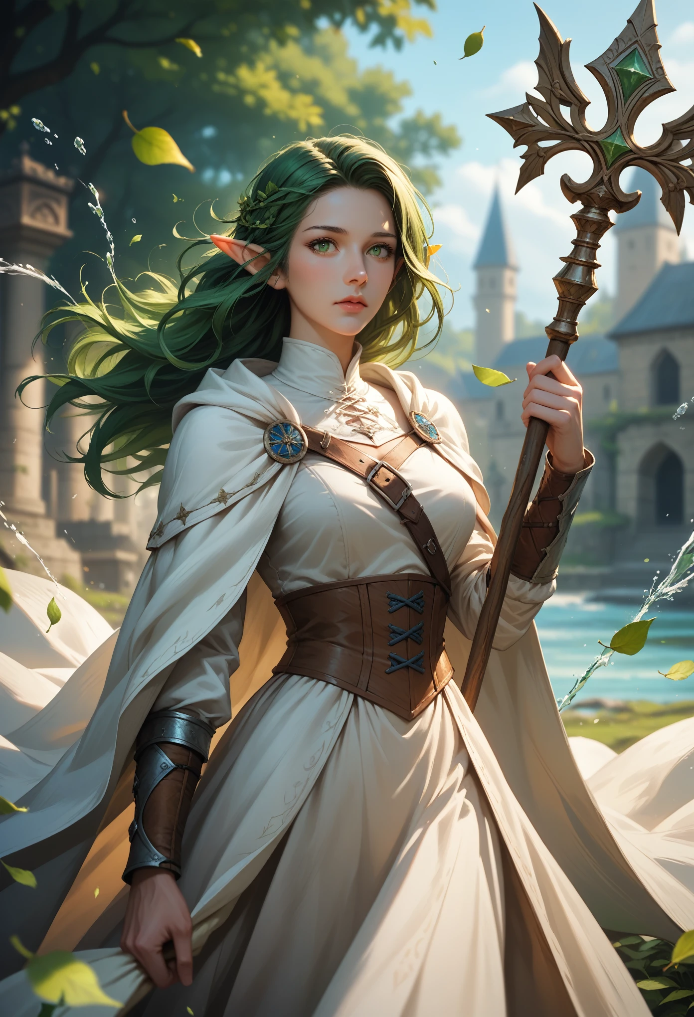 score_9, score_8_up, score_7_up, (masterpiece, UHD, 8K, 16K, ultra detailed), sfw, upperbody shot, 1female, elf, (shy, clumsy), green eyes, long hair, green hair, holding a wooden staff, white dress, white cloak, intricate details, (murmuring leaves), (wind:1.2), (medieval fantasy), (RPG, healer class), runic temple background, ivy covering buildings, (splash art), amazing character desing, (depth of field), bokeh, diffused light, dramatic ambient 