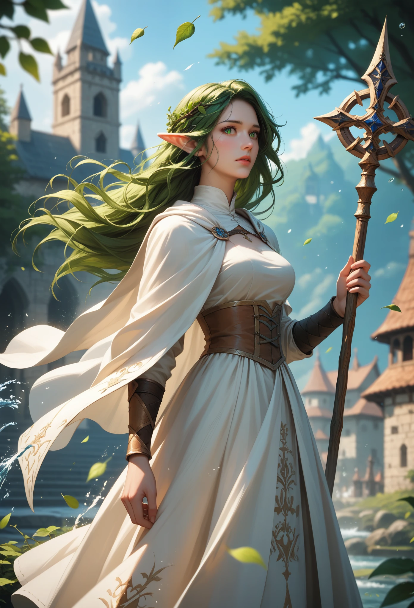 score_9, score_8_up, score_7_up, (masterpiece, UHD, 8K, 16K, ultra detailed), sfw, upperbody shot, 1female, elf, (shy, clumsy), green eyes, long hair, green hair, holding a wooden staff, white dress, white cloak, intricate details, (murmuring leaves), (wind:1.2), (medieval fantasy), (RPG, healer class), runic temple background, ivy covering buildings, (splash art), amazing character desing, (depth of field), bokeh, diffused light, dramatic ambient 