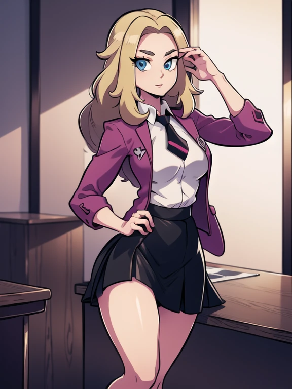 (masterpiece:1.2), best quality, high resolution, unity 8k wallpaper, (illustration:0.8), (beautiful detailed eyes:1.6), extremely detailed face, perfect lighting, extremely detailed CG, (perfect hands, perfect anatomy), a Lass from Pokemon Sword and Shield, blonde hair, blue eyes, (Wearing: A school uniform, opened magenta jacket, white undershirt, magenta tie, short black skirt, black shiny leggings and black shoes)