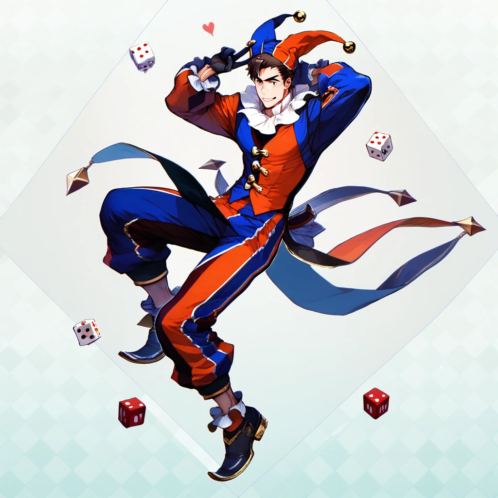 score_9, score_8_up, score_7_up, score_6_up, rating explicit, focus male, source anime, rosy_alt, solo, gloves, 1boy, hat, full body, male focus, heart, dice , checkered background, jester cap, handsome man, amazing quality, best aesthetic, game cg, official art, wallpaper, absurdres, high-res, dynamic pose, yoisyo, concept art 