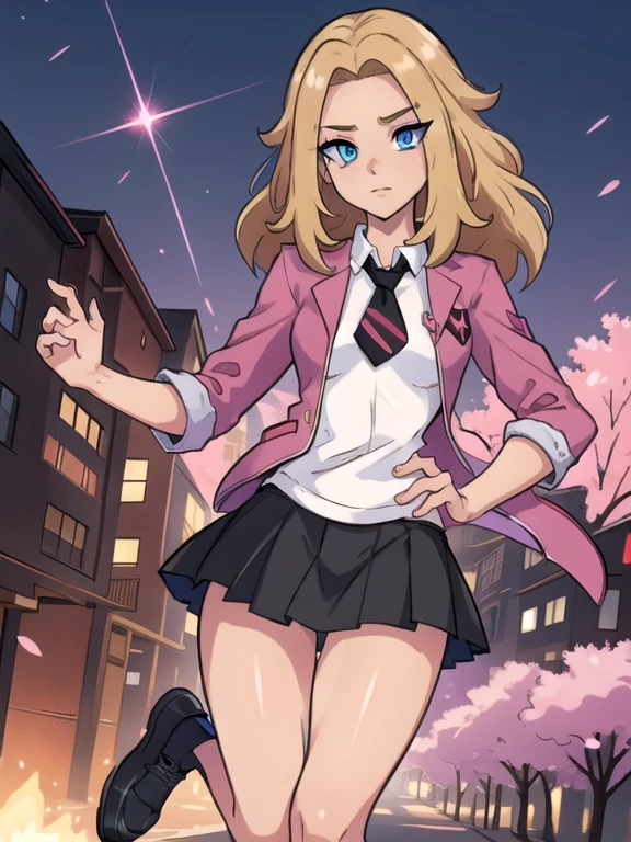 (masterpiece:1.2), best quality, high resolution, unity 8k wallpaper, (illustration:0.8), (beautiful detailed eyes:1.6), extremely detailed face, perfect lighting, extremely detailed CG, (perfect hands, perfect anatomy), a Lass from Pokemon Sword and Shield, blonde hair, blue eyes, (Wearing: A school uniform, opened magenta jacket, white undershirt, magenta tie, short black skirt, black shiny leggings and black shoes)