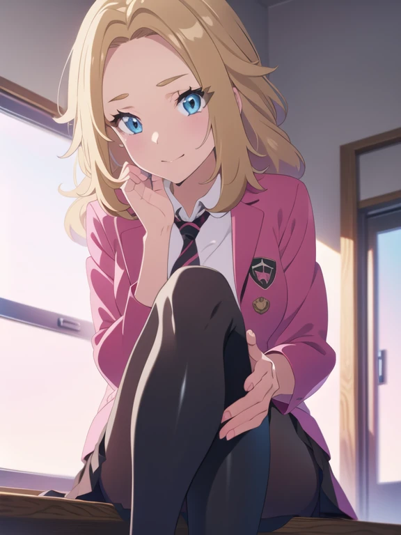 (masterpiece:1.2), best quality, high resolution, unity 8k wallpaper, (illustration:0.8), (beautiful detailed eyes:1.6), extremely detailed face, perfect lighting, extremely detailed CG, (perfect hands, perfect anatomy), a Lass from Pokemon Sword and Shield, blonde hair, blue eyes, (Wearing: A school uniform, opened magenta jacket, white undershirt, magenta tie, short black skirt, black shiny leggings and black shoes)