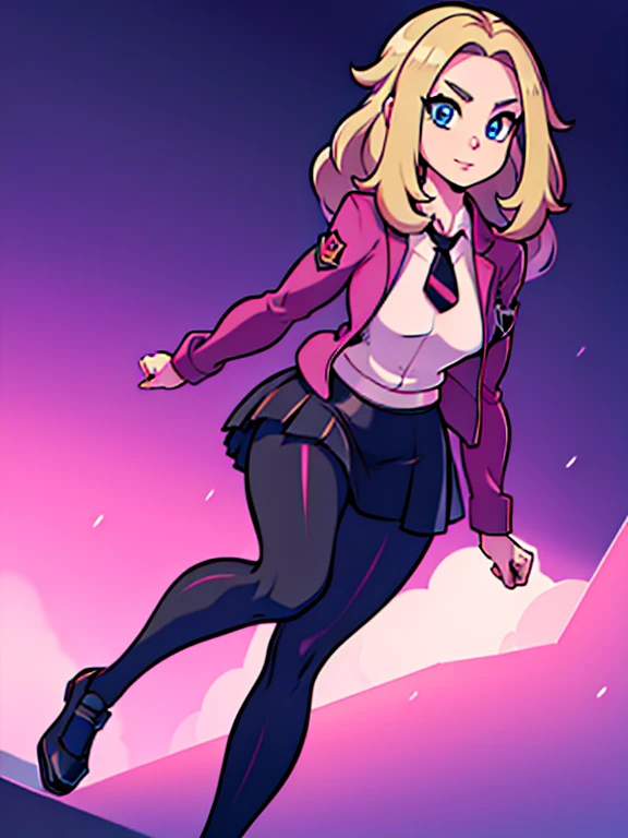 (masterpiece:1.2), best quality, high resolution, unity 8k wallpaper, (illustration:0.8), (beautiful detailed eyes:1.6), extremely detailed face, perfect lighting, extremely detailed CG, (perfect hands, perfect anatomy), a Lass from Pokemon Sword and Shield, blonde hair, blue eyes, (Wearing: A school uniform, opened magenta jacket, white undershirt, magenta tie, short black skirt, black shiny leggings and black shoes)