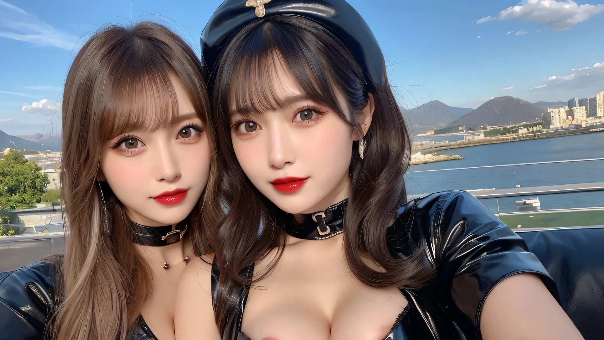 (2girls:1.2)，High resolution、Blonde、Black Hair，Light Hair Color、Beautiful eyelashes、20 years old、Best Quality、Very detailed、Delicate details、8K wallpaper、Beautiful eyes in every detail、Natural lip color、Long Hair、Straight Hair，Wavy Hair、Cute Face、Accentuate your breasts，Large Breasts，Big Eyes，Staring at the audience,Breast compression,black leather costume,corset，sexy，I can see the valley,close up,patent leather、outside、smile、(erect nipples:1.2)、Choker,belt，breast squeeze，lure