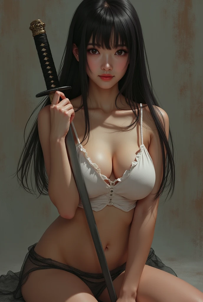 ,(cum overflowing from the pussy:1.2),nude body,(open_legs:1.3),(1 girl),(cyborg ninja style:1.0),female ninja with sword,Wearing a Fishnet tights,front,1girl,(Big eyes:1.2),(beautiful eyes:1.2),(beautiful face:1.3),(detailed face:1.3),(smile),(muscular:1.1),(sensual:1.3),(thick thighs:1.2),(Body moistened with sweat),(background is black:1.5),(blur background:1.2),(master piece,highest quality,ultra high resolution,Super detailed,8K),wallpaper