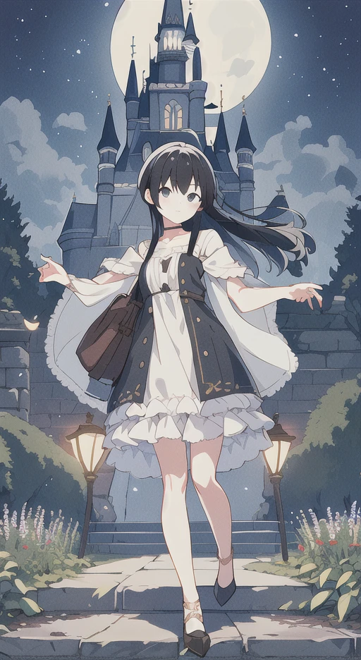 A girl with black hair walking in the castle garden on full moon night