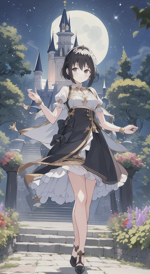 A girl with black hair walking in the castle garden on full moon night