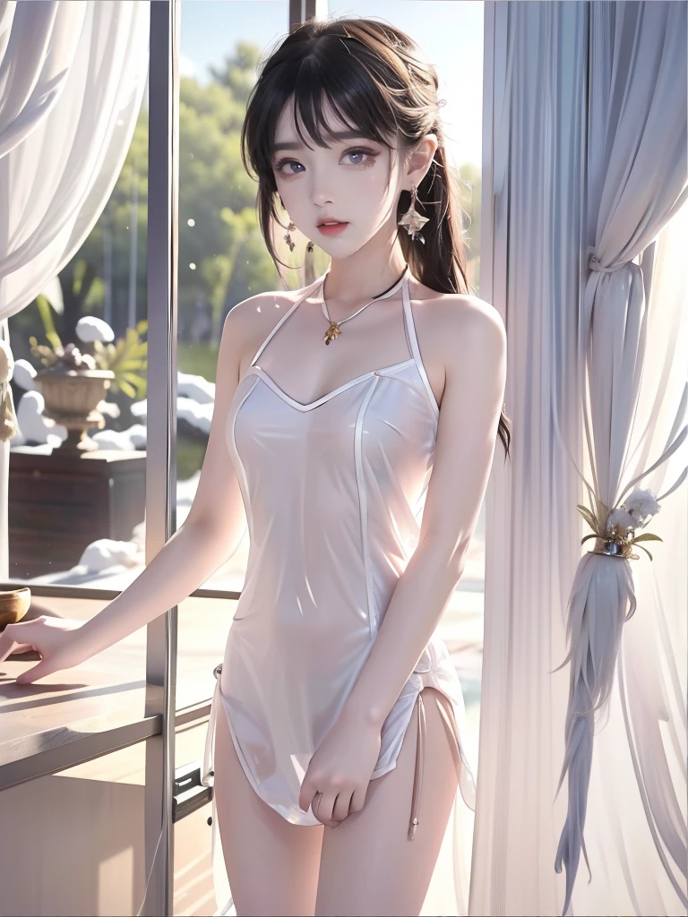 ((A woman)), 美丽脸庞的Sexy中国华裔女明星,  Transparent dress made of melted slime, Melted slime adheres perfectly to the skin, Wearing a melted slime skirt, Melted mucus sticking to the skin, (((浅色theme, 暴露theme, Sexytheme)))
((Clothes made of slime:1.5), (Revealing clothes: 1.5),  (Wet clothes:1.5), (Clothes Color: red), (theme: vitality), ((穿着Clothes made of slime))), (((Sexy的透视))),
 (((Autumn Night, Private hot spring, Standing in the water, Snow Scene, pine)))
((desktop:1.0), (最high quality:1.0), (high resolution:1.2), (Reality:1.0),( Ultra HD:1.3))
((8K Ultra HD, 8K, 超high resolution, high resolution, 最high quality, high quality, Best image quality, Super Fine,  Ultra-clear, Clear focus, Clear outline, masterpiece, Masterpieces, complete pattern, Detailed photos, Original photo, Delicate facial features, Well-defined, Highly rated works, Close-up depth of field photography, Above the knee, Symmetrical character)), 
((Creating the image of a real girl), Realistic shadows, Soft natural light, Soft lighting, Dynamic Angle, Dynamic poses, Elegant Posture, Cowboy lens, Full body front view, full of confidence, Facing the camera, Eyes looking towards camera lens, Standing posture, Open your legs slightly, Legs open, Golden Ratio Graphics, Minimalism, Center the character), 
((Smile, Sexy的, Balanced Eyes, Realistic eyes, Beautiful details of the eyes,Pretty Face, (Realistic face), Normal facial features, Realistic skin, Pay attention to skin details, Skin is clean and radiant, Full body glossy skin, Fair skin, Anatomically correct body, Golden ratio figure, Sexy的身材, Detailed and realistic human body)), 
(Perfect makeup, Gloves, earrings, bracelet, necklace, Jewelry, Hair accessories, shawl, sock, Knee socks, 吊garter, Leg ring, garter, 腿部garter), 
((beautiful hair), Dark black hair, Wavy curly hairstyle, Waist-length hair, Messy Hairstyle, Gradient Hairstyle, Cyberpunk Hairstyle, High double ponytail hairstyle, Bangs), 
((Sexy的, Beautiful upturned breasts, Perfect breast shape, Teardrop chest shape, Snow-white breasts, Very detailed breasts, 34C cup, Realistic breasts, Realistic areola, Realistic nipples)), 
(Super high waist, Deep V, Low-cut, Sexy, Charming, Open crotch, (Clear camel toe, (High fork and genitals))),