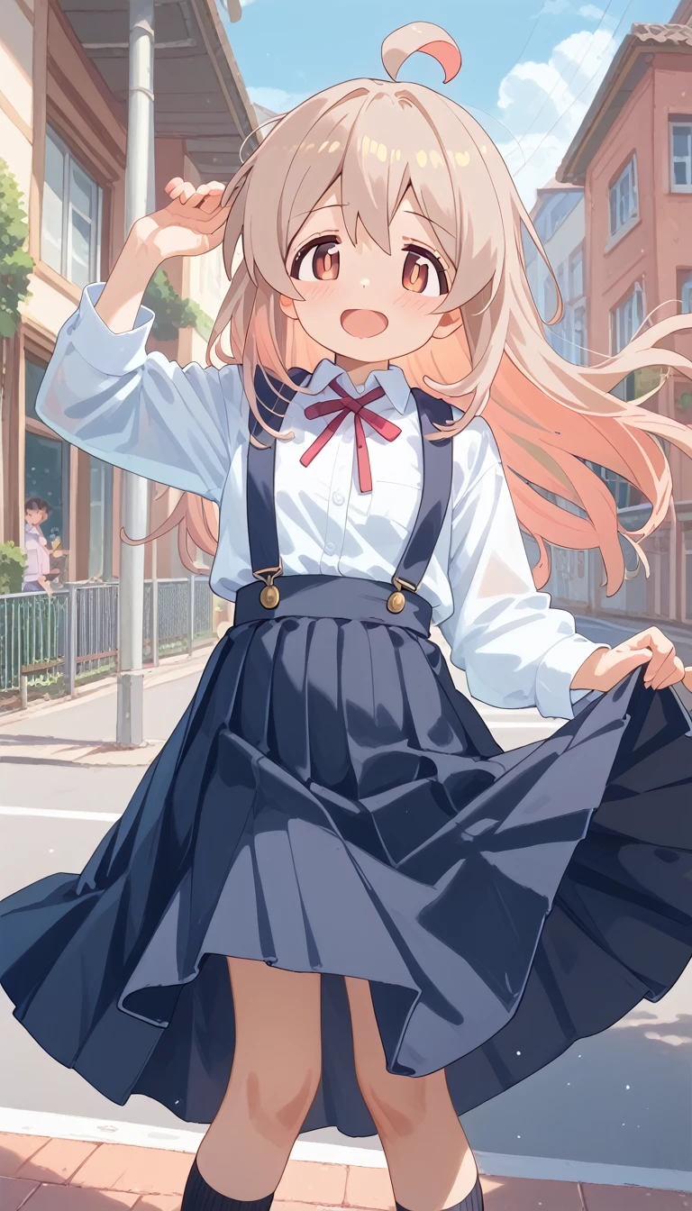 Score 9, Score 8 up, Score 7 up, The evaluation is questionable, Excited, Detailed Background, Glowing Skin, 1girl, small,slender, mahiro-suspenders,Oyama Mahiro,brown eyes,long hair,ahoge,suspenders skirt,white shirt,long sleeves,neck ribbon,long skirt, school, school rooftop, intricate_details, skirt tug, In strong winds, (skirt wind lift:1.3), girl, Viewer discretion advised