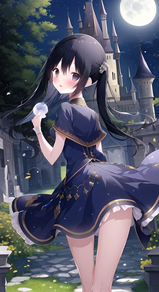 A girl with black hair walking in the castle garden on full moon night