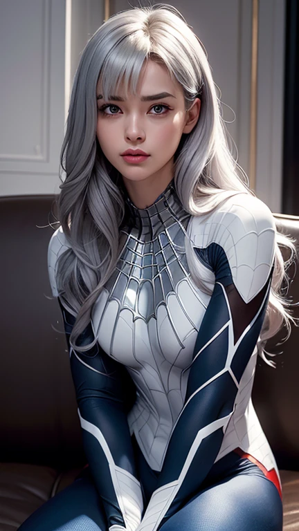 (Extreme Detail CG Unity 8K wallpaper, masterpiece, highest quality), (exquisite lighting and shadow, highly dramatic picture, Cinematic lens effect), a girl in a white Spider-Man costume, silver-gray hair color, from the Spider-Man parallel universe, Wenger, Marvel, Spider-Man, sitting on the couch, dynamic pose), (excellent detail, outstanding lighting, wide angle), (excellent rendering is good enough to stand out in its class), focus on Spider-Man costumes, broken costumes, complex spider textures, Appropriate posture