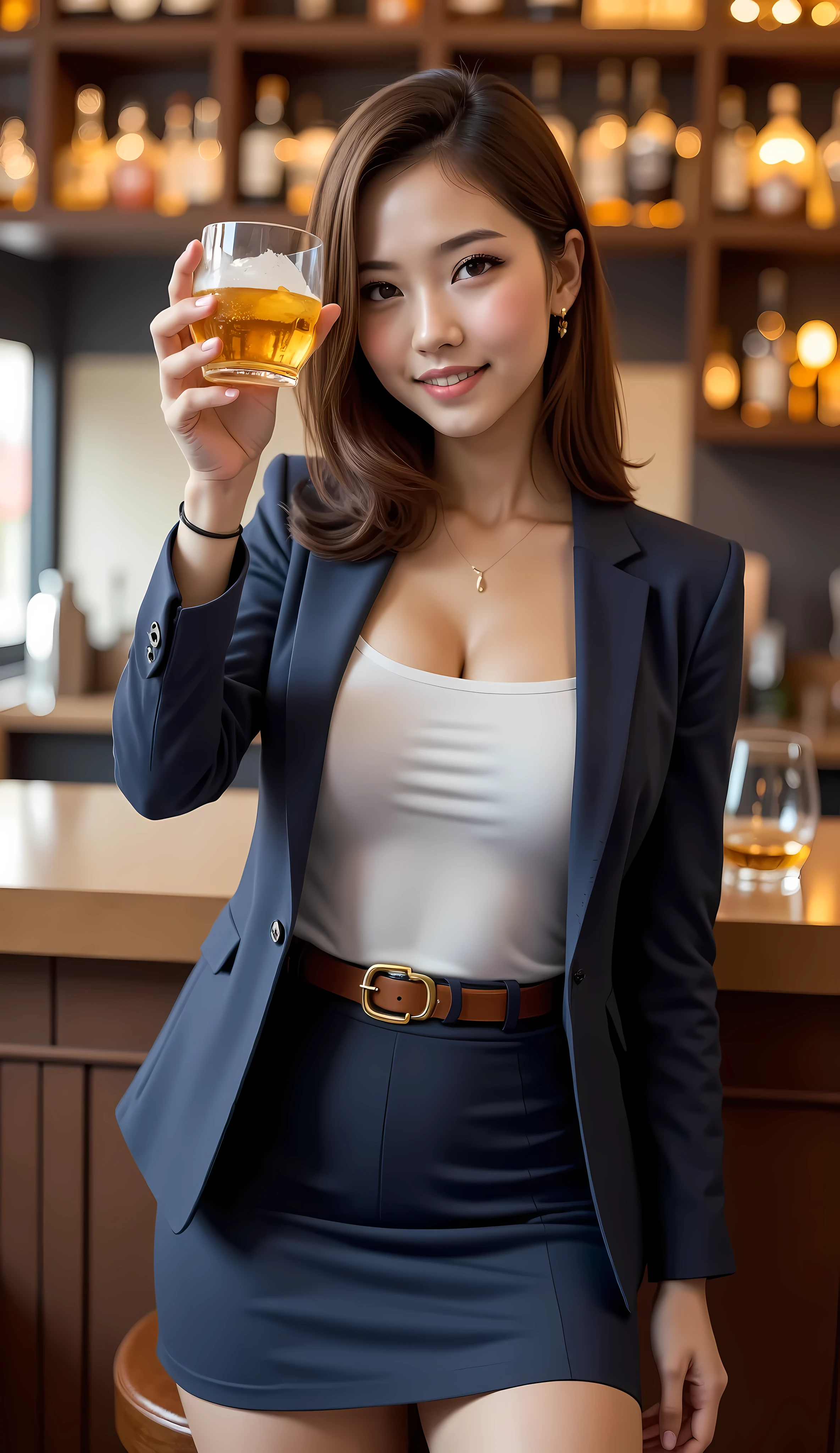 Nice details, Woman toasting with whiskey, Alone, neat-girl, A skilled office lady, perfect body, Dark blue suit skirt, Extending a rocks glass towards you, Golden, transparent liquid, Highly transparent ice, A weekend that smiles at you, Upscale bar counter seating,