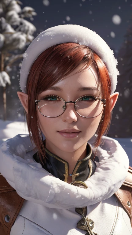 portrait, close-up, upper body. Short, red hair, green eyes, glasses with metal frames, Santa Claus outfit, joyful smile, funny elf girl . (masterpiece, high quality, top quality, official art, Beautiful and aesthetically pleasing:1.2), extremely detailed,(fractal art:1.2),Colorful,The most detailed, (dynamic pose), (snow background:1.5), (Lots of snow:1.4). ((split. leather texture, shiny skin. elegance. photorealism. unreal engine. 3D model. Ultra high quality textures. high detail. resolution 8k))