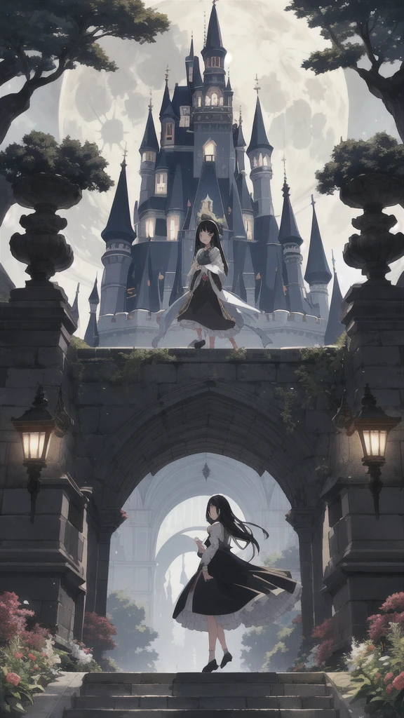 A girl with black hair walking in the castle garden on full moon night