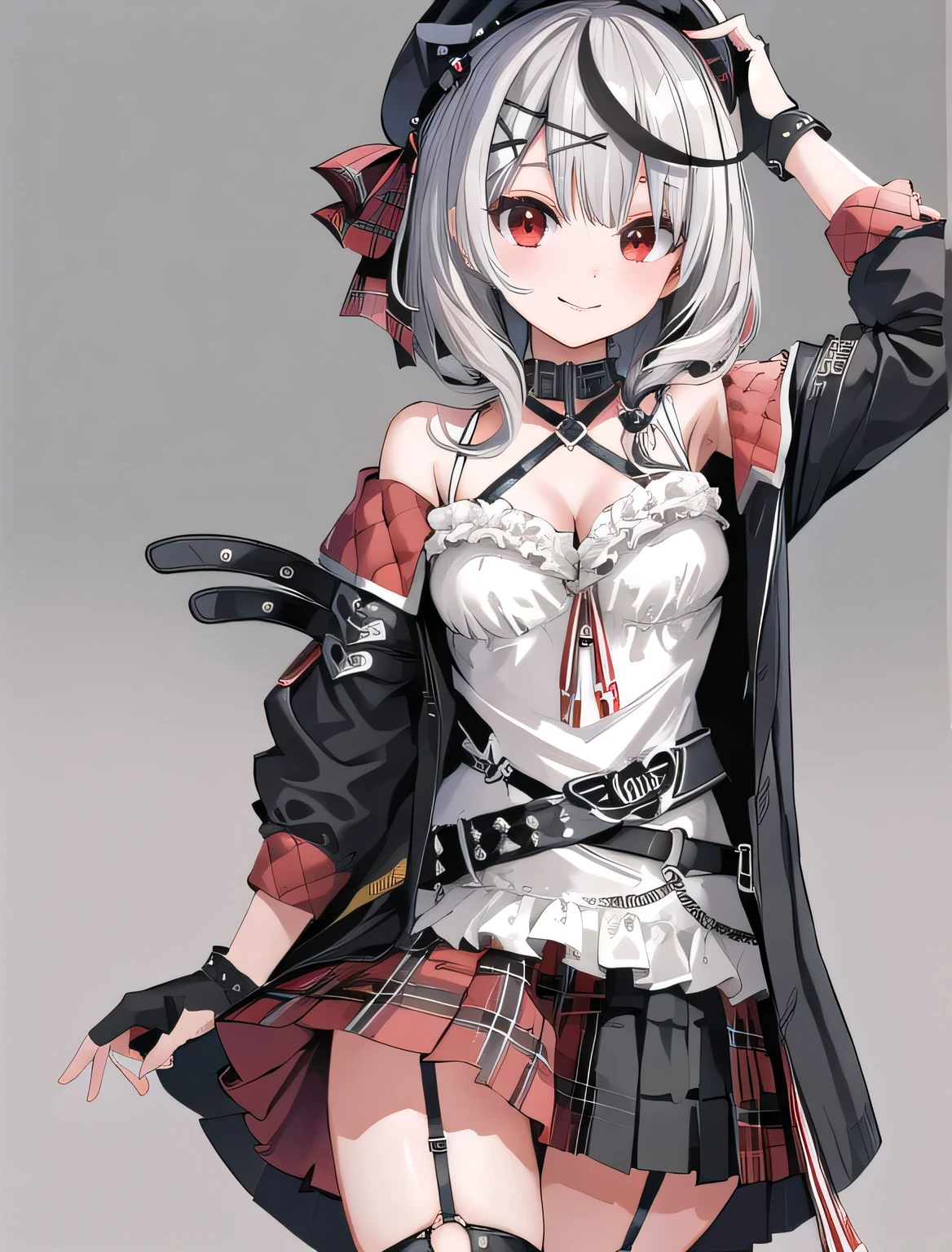masterpiece、Best Quality、High resolution、One girl、solo、Red eyes、Sakamata Chloe、Garter Straps、Black fingerless gloves、Torn knee socks、Grey Hair、Hair accessories、Multicolored Hair、Checkered Skirt、Striped Hair、Cleavage、x 字のHair accessories、Black Hair、Red Skirt、Black collar、White camisole、Medium Bust、mini skirt、Pleated Skirt、Black knee socks、Braids、White shirt、Black Belt、Medium Hair、Black jacket、Checkered ribbon、Hooded、Long sleeve、Off the shoulder、smile、field、Walking Beret