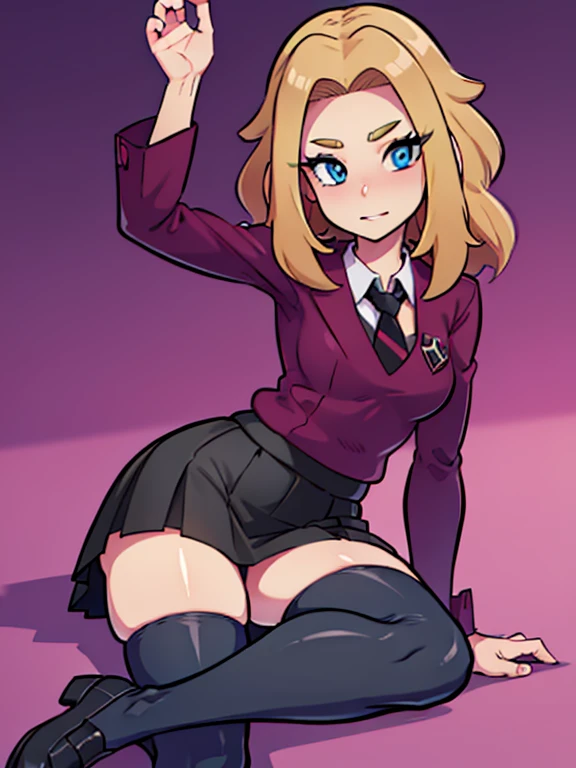 (masterpiece:1.2), best quality, high resolution, unity 8k wallpaper, (illustration:0.8), (beautiful detailed eyes:1.6), extremely detailed face, perfect lighting, extremely detailed CG, (perfect hands, perfect anatomy), a Lass from Pokemon Sword and Shield, blonde hair, blue eyes, (Wearing: A school uniform, opened magenta jacket, white undershirt, magenta tie, short black skirt, black shiny leggings and black shoes)