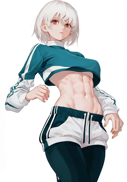 Anime boy in black sports bra and white shorts, Anime boy with short silver hair, the pose(Arms up + Happy), Anime boy with white hair, Gapmoe Yandere, with index finger, Rogue Anime Boy, Seductive Anime Boy, Charming anime boys, Sweaty skin!!, anime moe art style
