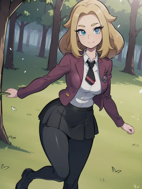 (masterpiece:1.2), best quality, high resolution, unity 8k wallpaper, (illustration:0.8), (beautiful detailed eyes:1.6), extremely detailed face, perfect lighting, extremely detailed CG, (perfect hands, perfect anatomy), a Lass from Pokemon Sword and Shield, blonde hair, blue eyes, (Wearing: A school uniform, opened magenta jacket, white undershirt, magenta tie, short black skirt, black shiny leggings and black shoes). The background is the view of the green forest, she’s walking on the forest path. 